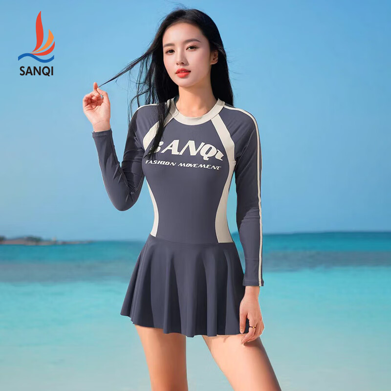 三奇泳衣女2024年新款保守连体裙式泳装长袖防晒游泳馆游泳衣 深灰色