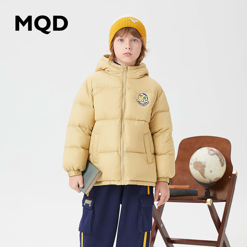 MQD童装男大童2023冬季一手长连帽羽绒服 卡其 100 （充绒量54g）