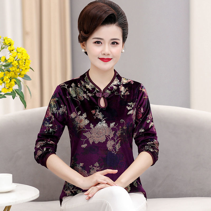 中凡智妈妈秋装套装中老年秋季女装新款中年女旗袍复古上衣t恤 岁