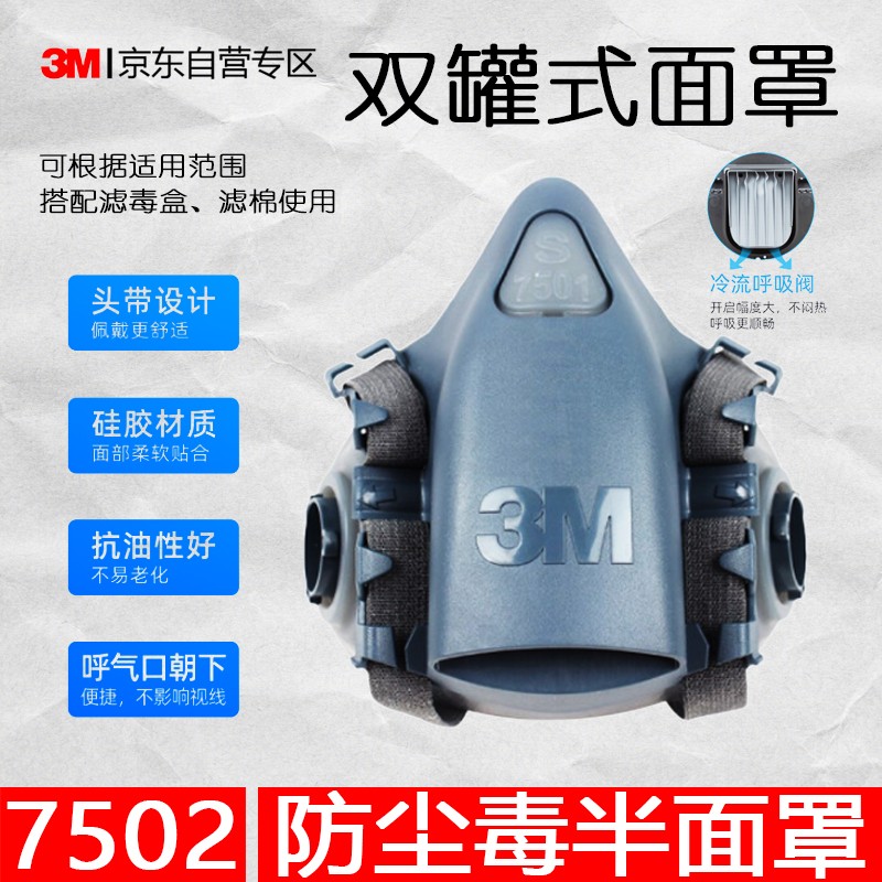 3M 面罩 7502硅胶系列呼吸防护半面罩 双滤盒版中号 装修甲醛化工雾霾 7502半面罩 1个