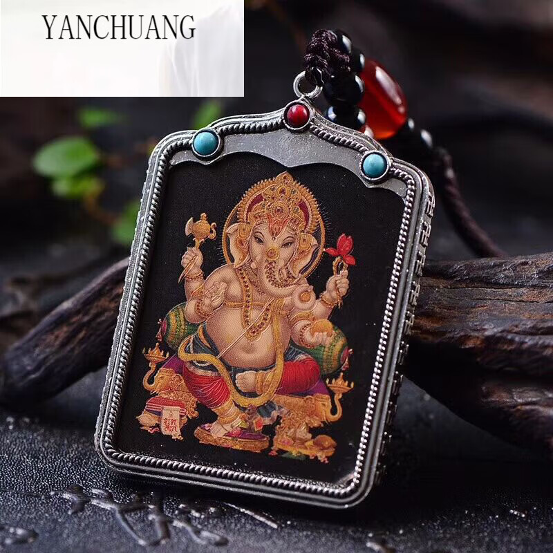 颜畅西藏佛牌唐卡吊坠 守护神五路财神象神观音菩萨护身符藏银手工车