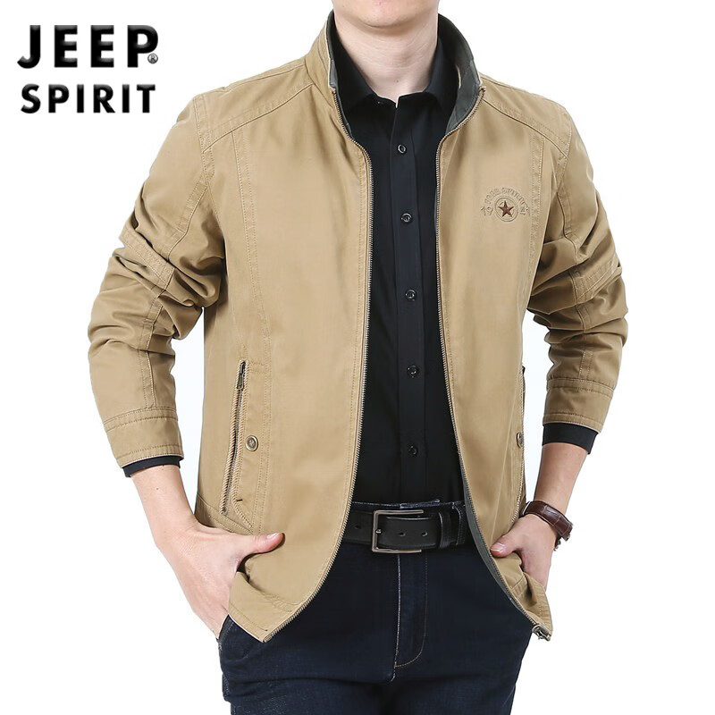 吉普(jeep)夹克男春秋商务休闲男装时尚立领双面穿两面服上衣 卡其色