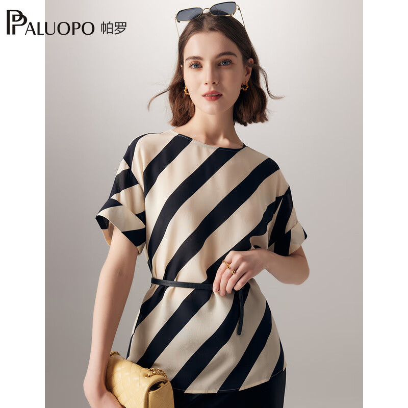 帕罗(PALUOPO)14姆米双绉真丝短袖t恤女条纹印花圆领100%桑蚕丝森休闲t体恤上衣 米黑 2XL (175/96A)