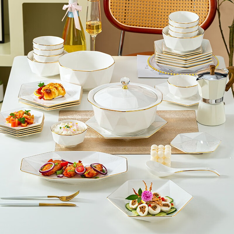 卡其派 轻奢碗碟套装家用欧式创意餐具套装碗盘金边陶瓷盘子日式碗筷 4人食22件套钻石煲(可微波炉)