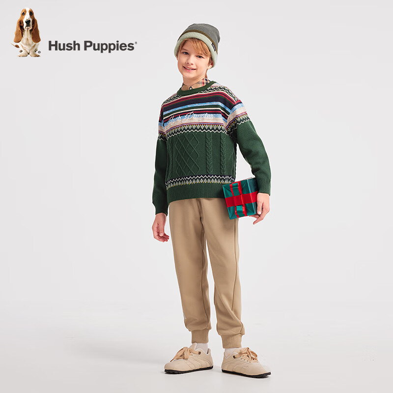 暇步士（Hush Puppies）【圣诞系列】童装儿童男女童冬季舒适透气时尚氛围感线衣 藏翠绿 160 cm