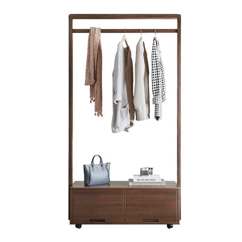 柴扉園 北欧实木落地卧室家用挂衣架多功能现代简约客厅鞋柜一体衣帽架子 办公室轻奢创意玄关卧室衣服架子 双抽屉胡桃色衣帽架105cm