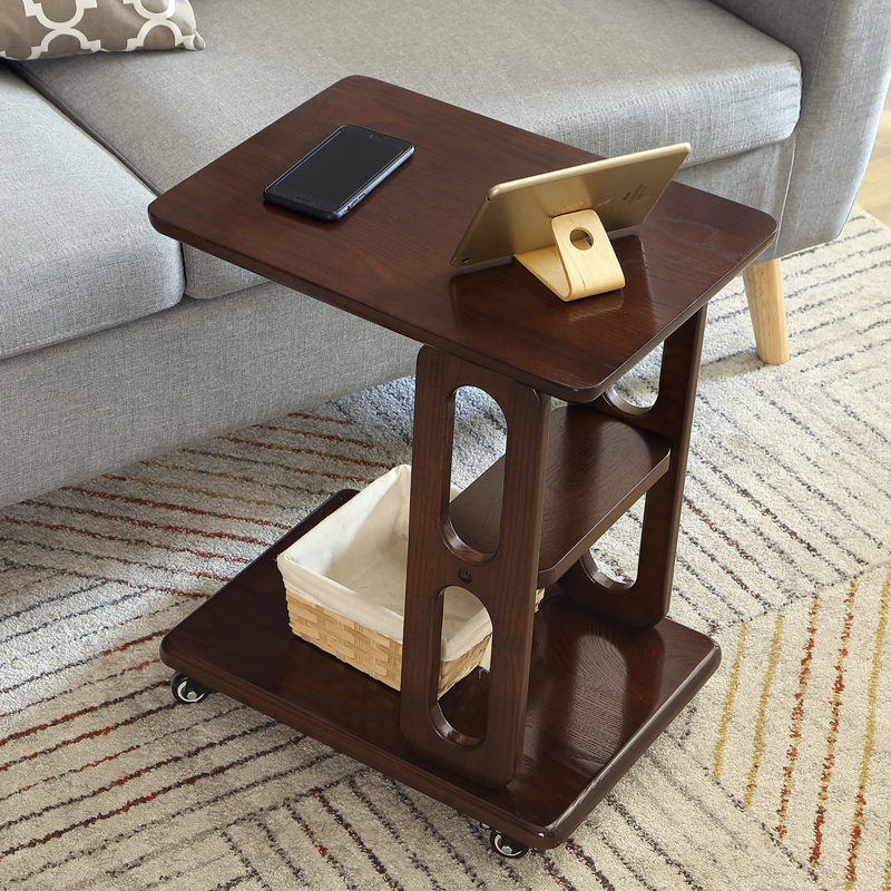 带轮小茶几实木移动边几边柜创意角几客厅网红小桌子 胡桃色大号