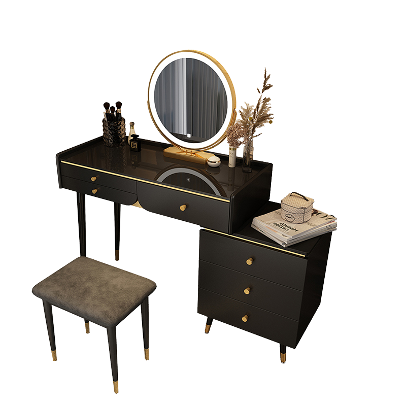 家优梦 梳妆台卧室现代简约网红ins化妆桌子北欧轻奢化妆台 80cm白色桌+边柜【需要黑色备注】双层抽屉