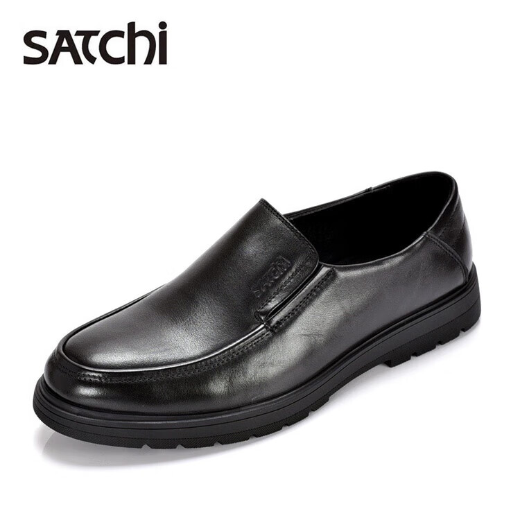 沙驰(satchi)男鞋头层牛皮厚底高档一脚蹬商务办公室青年休闲低帮皮鞋