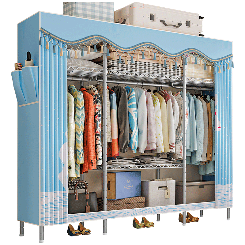 亚思特 简易布衣柜钢管加厚加粗加固简约现代全钢架出租房家用卧室储物柜衣服柜子 9932圣诞小鹿【长168宽46高173】