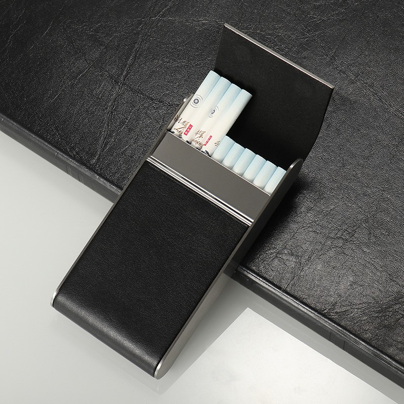 GHORSE创意20支装粗细烟烟盒男高档便携定性个性超薄皮革烟盒不锈钢磁扣 5.5mm 黑皮纹（细烟）成品 20支