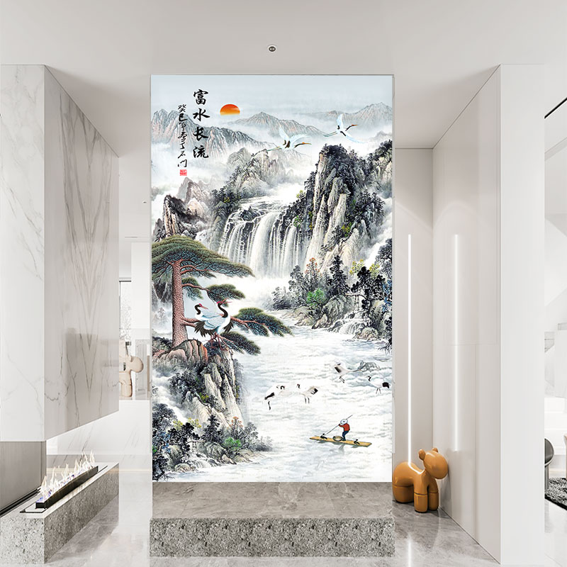 癫实癖画环保丝绢布画定制 《高山流水聚财》玄关0660745 3d平面丝娟