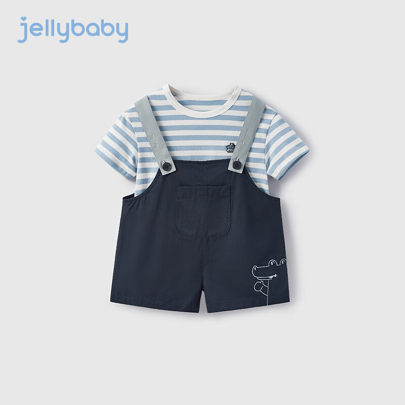 JELLYBABY韓版男童帥氣套裝夏季新款嬰幼兒新款背帶褲夏裝薄兒童條紋兩件套 寶藍(lán) 80CM