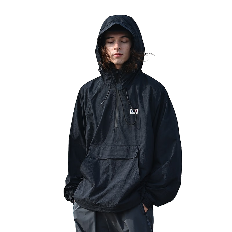NOTHOMME日系格紋長袖半開領連帽UPF50+防曬衣服騎行外套 銀灰色 L