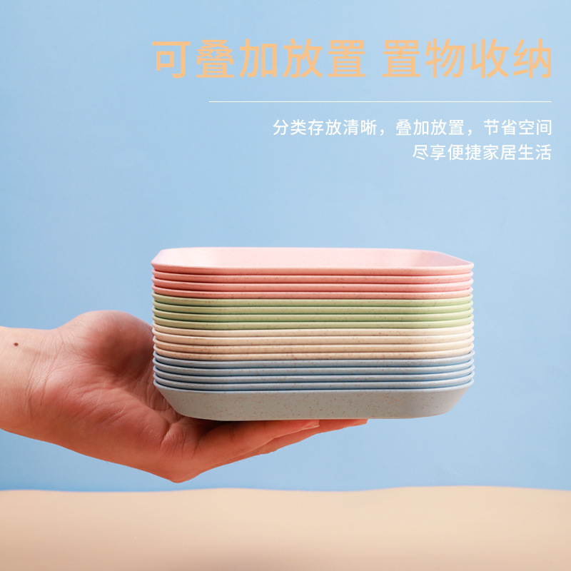 小麦秸秆吐骨头碟子方形甜品碟水果干果碟餐具盘防摔盘子 米色、绿色、粉色、蓝色 5个装