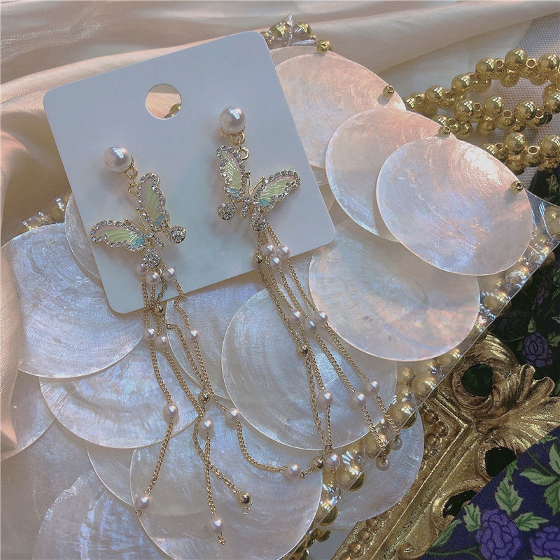 流苏耳坠女水晶珍珠蝴蝶耳环气质复古港风耳饰耳夹潮新款88 蝴蝶耳饰