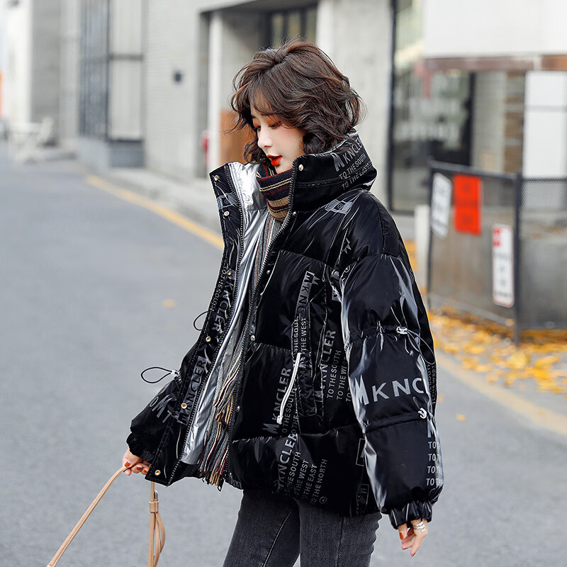 韩衫影（H·SHANYING）羽绒服女2023新款免洗亮面印花字母宽松百搭白鸭绒外套 黑色 S码90-120斤使用感如何?