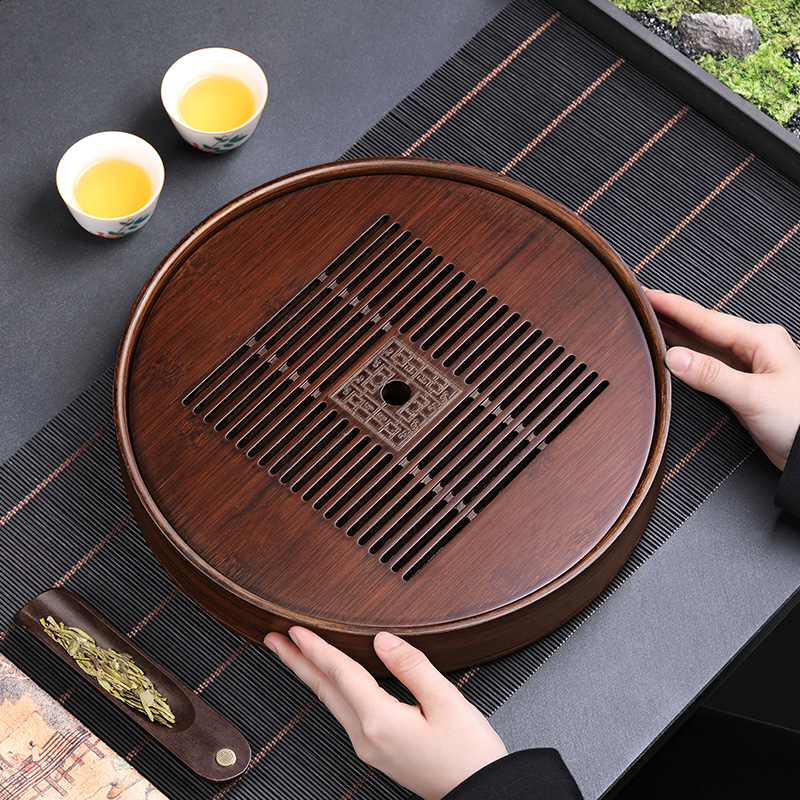 尚言坊 竹制圆形茶盘家用沥水托盘茶具小茶台现代简约功夫实木干泡盘