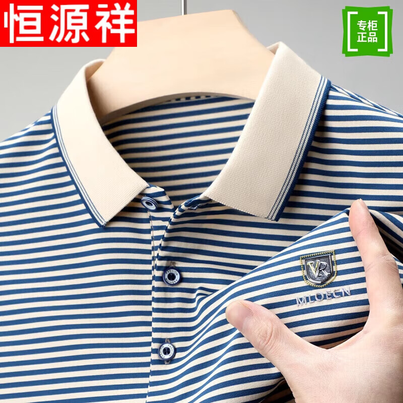 恒源祥丝光棉短袖t恤男士夏季翻领条纹polo棉衫中年休闲半袖上衣 605蓝色短袖【细条】 185/3XL【建议170-185斤】