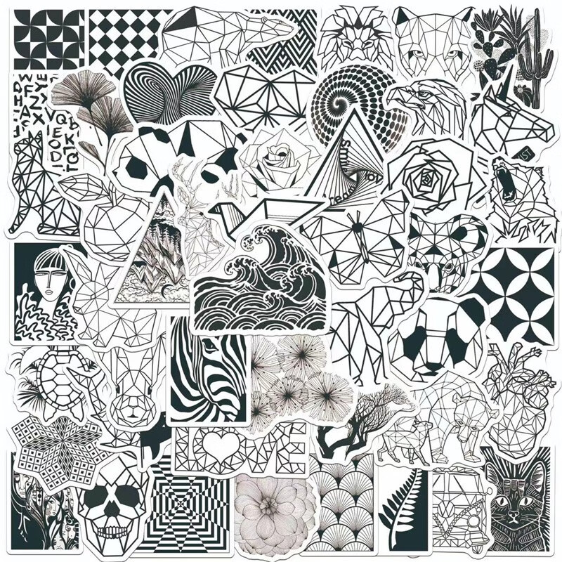 50张黑白时尚几何涂鸦贴纸水杯冰箱行李箱滑板水杯装饰贴 c50-351 50