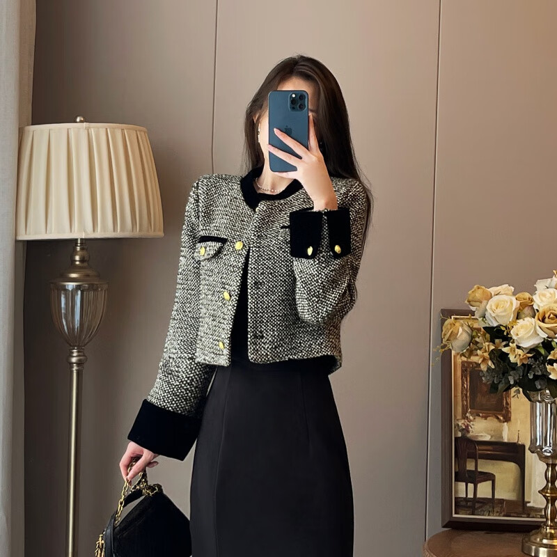 雷黛茜小香风套装裙两件套女春秋款法式气质名媛外套修身连衣裙鱼尾长裙 小香风外套 (单件) S 【*建议85--95斤】