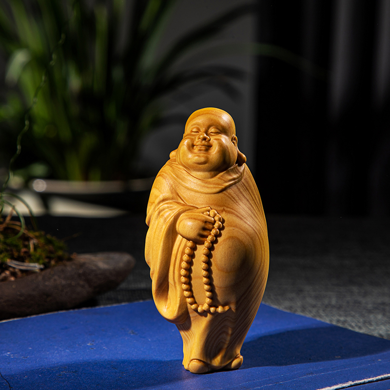 倍喜欢 弥勒佛手把件 小叶黄杨木雕刻弥勒佛笑佛人物小摆件 手玩把件