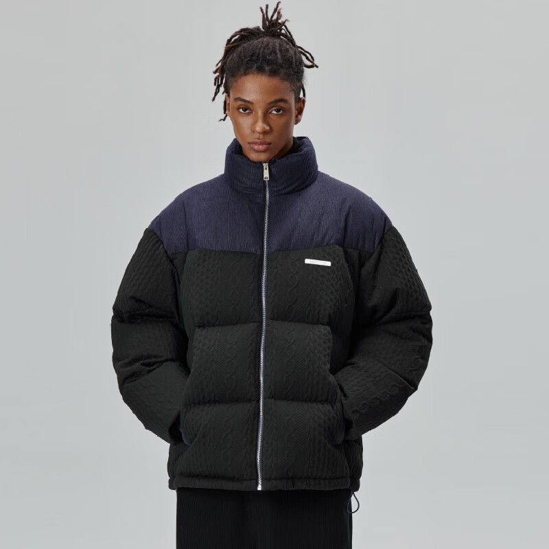 pso brand灯芯绒拼接撞色纹理面料90绒子含量白鸭绒羽绒服外套男 墨