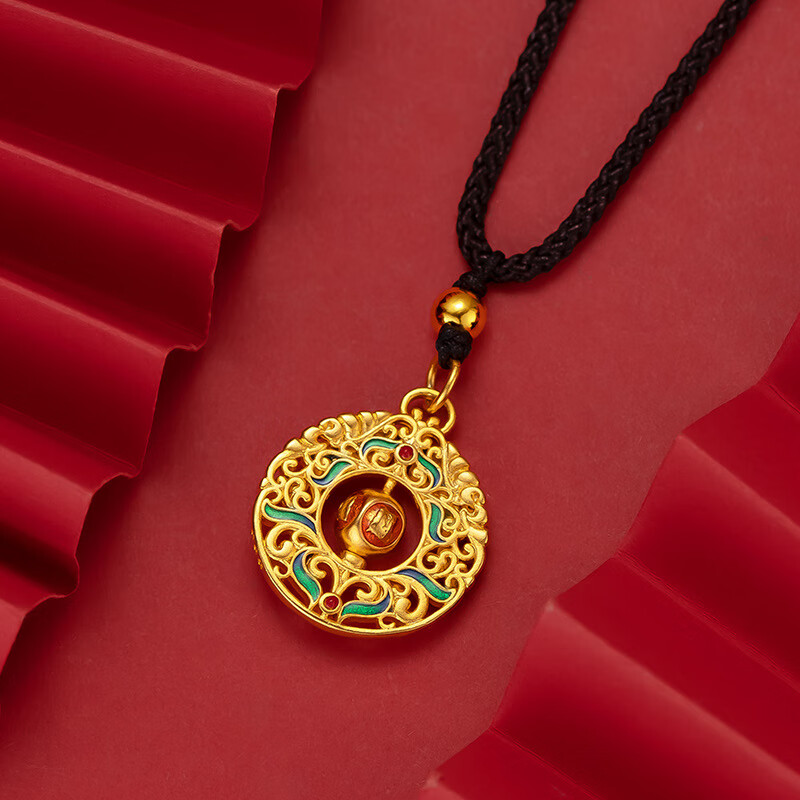 xpela彩金吊坠 国潮复古烧蓝吊坠矿金民族烧蓝旋转福字观音祥云项链