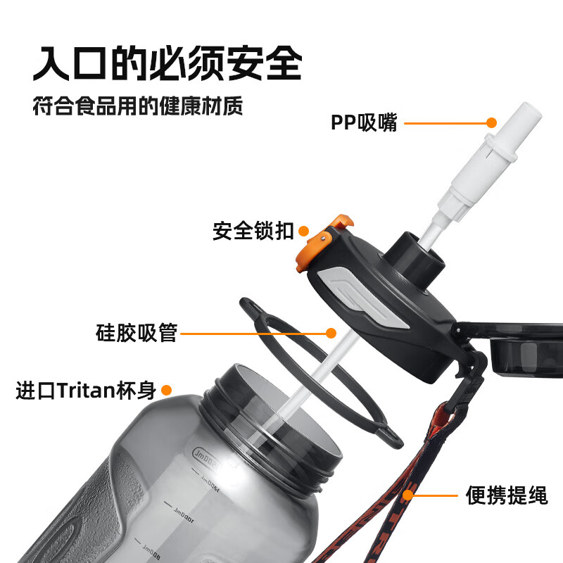 富光运动水杯男士大容量健身水壶耐高温tritan塑料耐摔儿童学生水杯子 星夜黑【便携提绳+背带】 1500ml