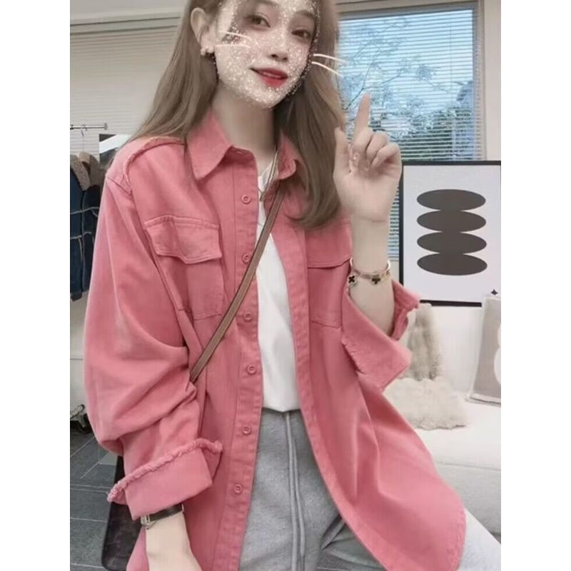 站休闲百搭纯色长袖牛仔衬衫女秋季小众别致拼接设计感上衣潮 粉色