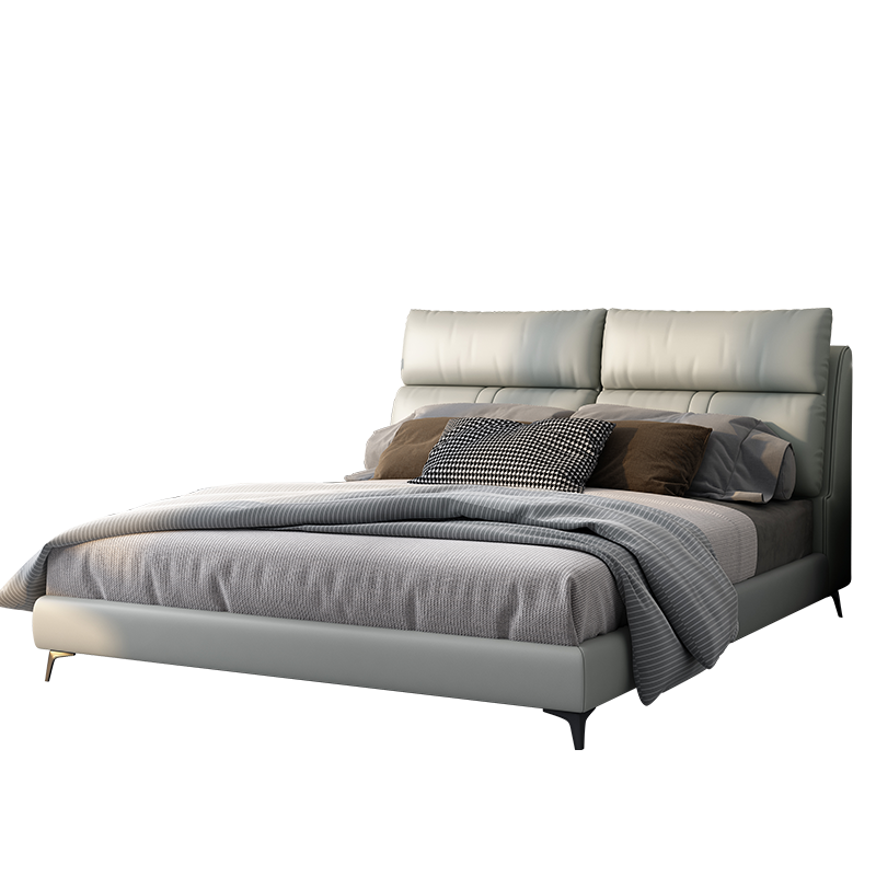 Sweetnight 皮艺床真皮床轻奢现代简约主卧床双人床1.8米高箱床意式极简北欧皮床 浅灰色真皮床 1.5米*2米(送货入户并安装)