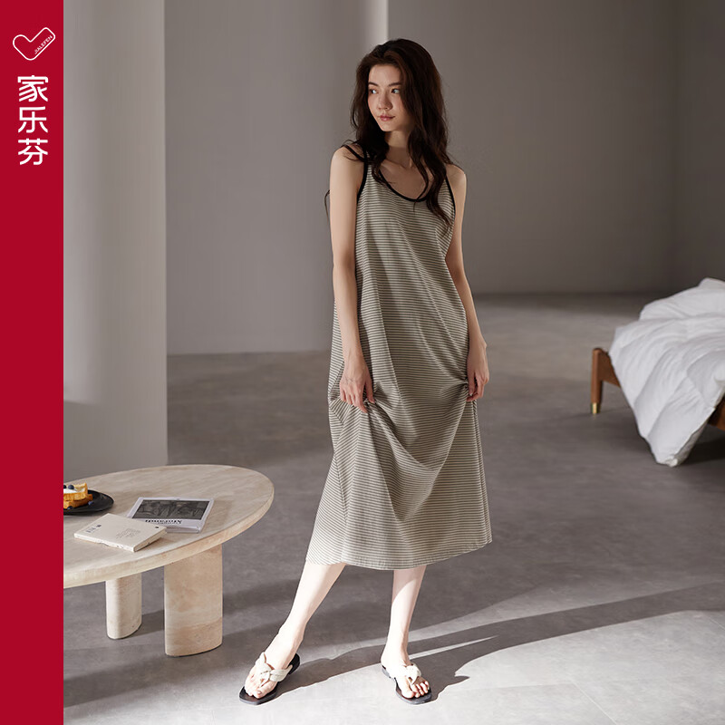 家乐芬睡裙女睡衣夏季莫代尔吊带背心无袖夏天夏款薄款冰丝条纹连衣裙子 A824709浅咖色 M 适合150-160cm体重80-100斤