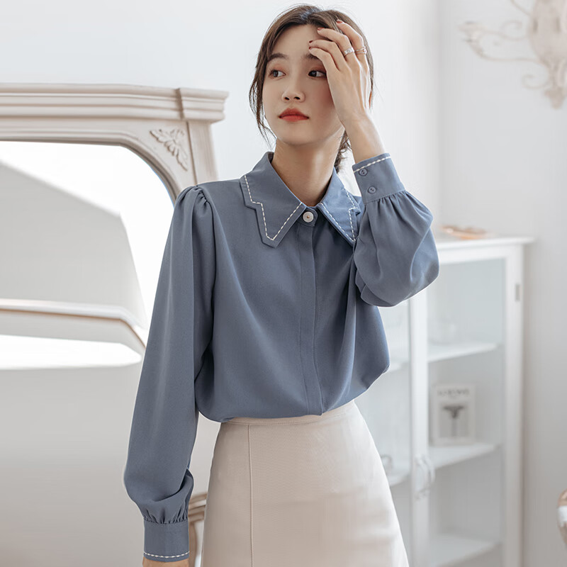 美茵曼丽复古港味蓝色衬衫女设计感小众秋装2023年新款小个子职业气质上衣 MMG9736  蓝色 L（115-125斤）高性价比高么？