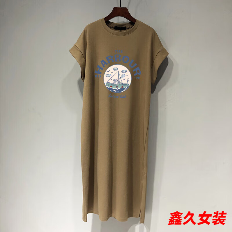美安嘉短袖t恤連衣裙女夏季中長(zhǎng)款過(guò)膝休閑長(zhǎng)裙子大版減齡體恤衣服 咖啡色025/款-純欲連衣裙 M -純欲連衣裙