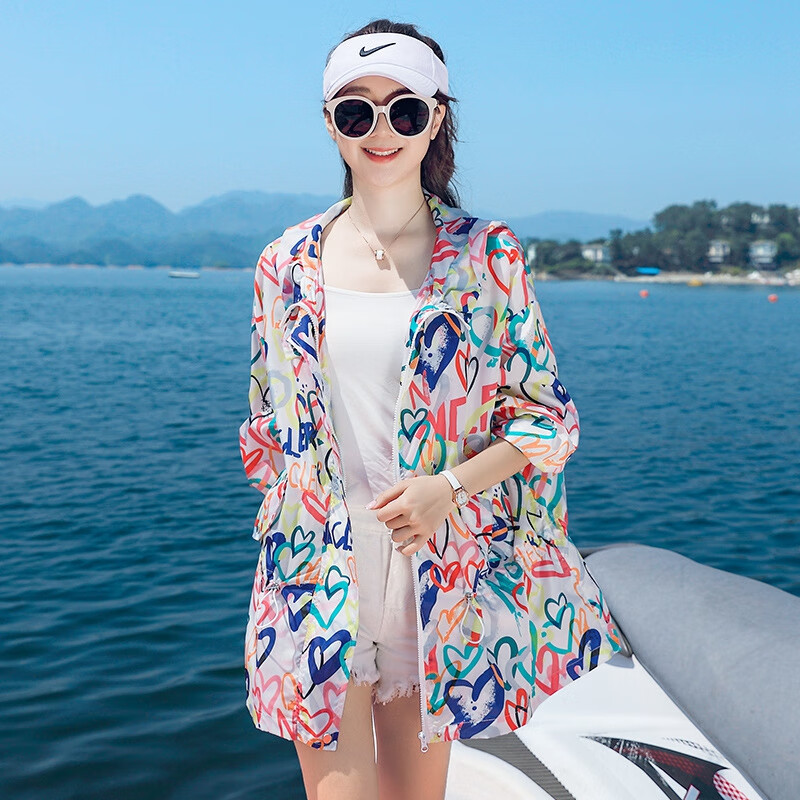 杰麗·莫克花色防曬衣女中長款夏季輕薄外套時(shí)尚印花防曬衫寬松連帽防曬服潮 白色印花 XL （建議135-155斤）