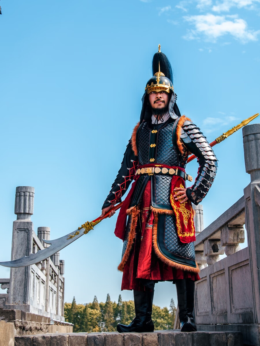 雅格罗伊盔甲古装将军古代铠甲明黑漆鱼鳞齐腰甲中国甲胄古装士格斗