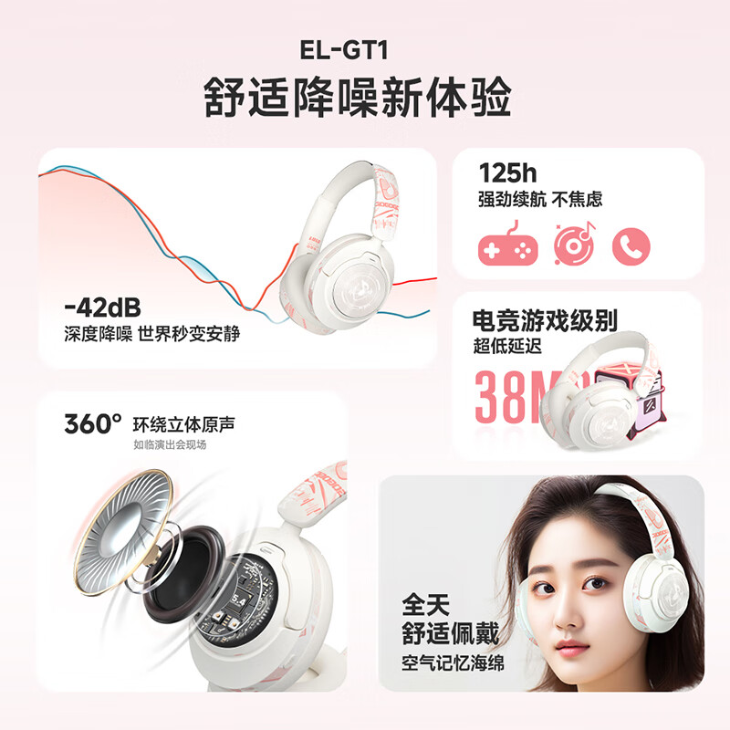 JBLE索尼通用2025年新款无线蓝牙耳机头戴式电脑游戏电竞高续航低延时带麦可有线降噪全包适用苹果华为 樱花粉【ANC降噪+5.4蓝牙】