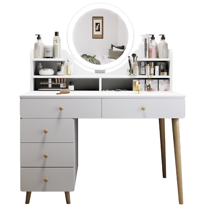 米昊 梳妆台卧室化妆台女生化妆桌小户型储物收纳梳妆柜 【五抽款+LED灯镜】暖白色80CM