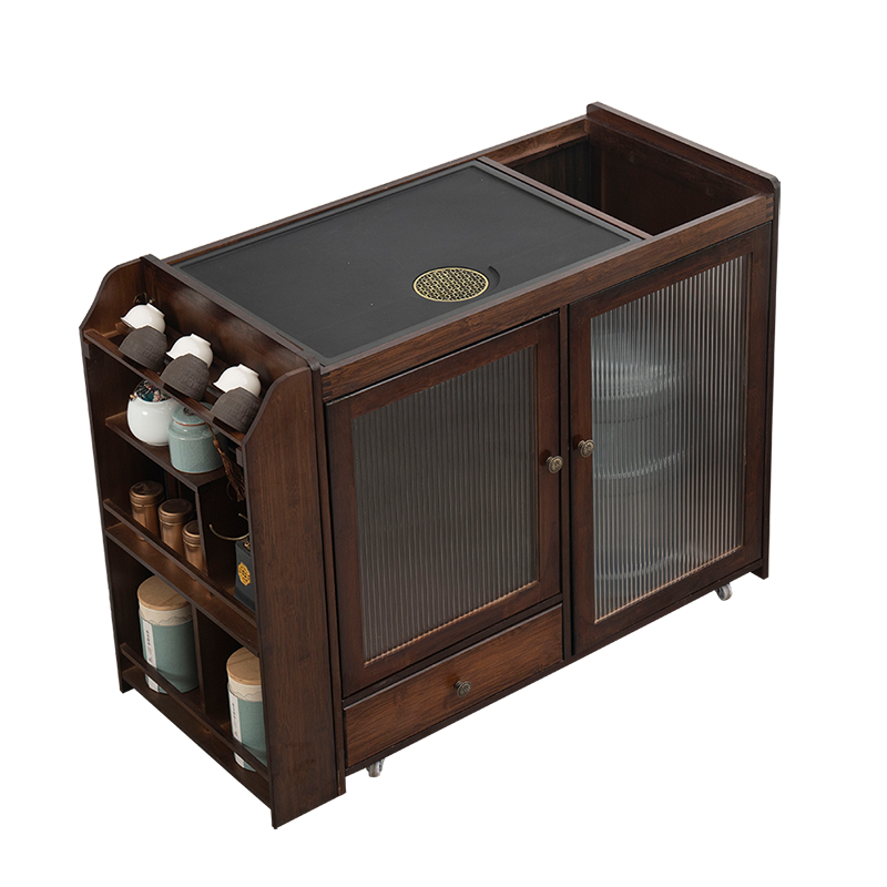 淘慕 移动茶台茶车家用茶水柜非实木小茶桌带轮茶几功夫茶具套装烧水一体泡茶柜 单个/胡桃色64长(透明门)+无盖板