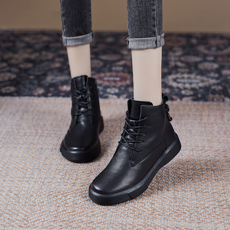 Cherish Sunshine头层牛皮短靴女2023秋冬新款女鞋子厚底马丁靴皮鞋加绒棉靴女靴子 黑色【加绒款】ZZM239-16 38