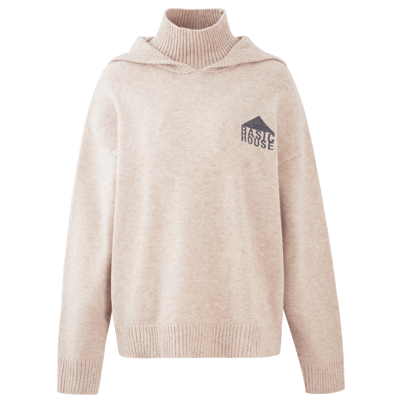 BASIC HOUSE/百家好設(shè)計(jì)感刺繡毛衣冬季新款連帽針織衫女 燕麥色 S