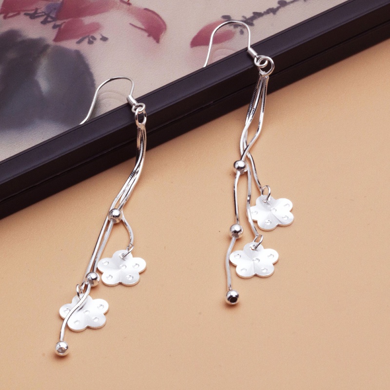 99女耳环双梅花流苏长款仙足银古风耳坠 双梅耳环