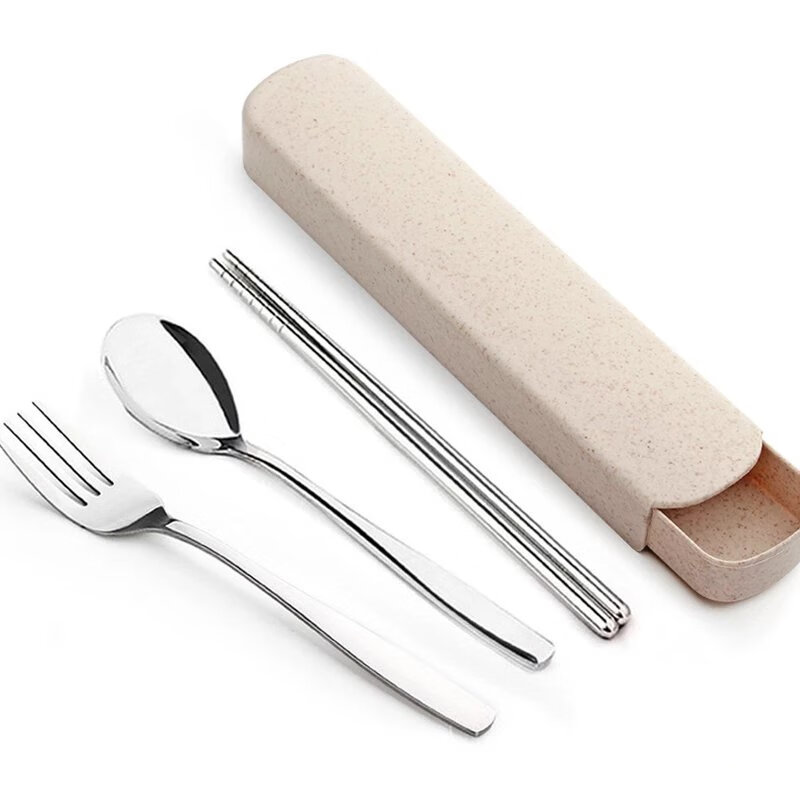 【现发】单人装不锈钢便携餐具套装筷子三件套叉子勺子筷子盒学生 筷勺叉+小麦盒