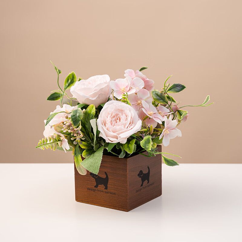 装饰花花艺摆件花客厅窗台摆设塑料花绿植插花 粉色涂层茶苞小狗盆