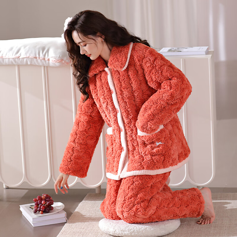 猫人长毛绒情侣拉链连帽夹棉睡衣秋冬加绒加厚三层夹棉过冬神器套装 QRV-61035-兔毛绒 M