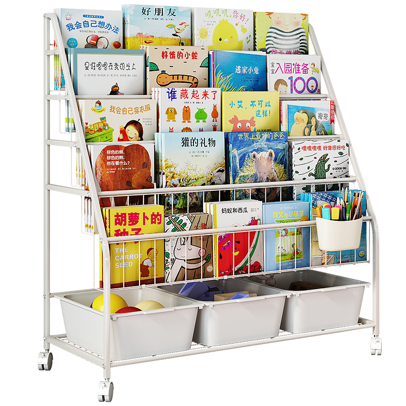 SKAAN儿童书架落地可移动绘本架 宝宝书本玩具收纳架 婴幼儿图书置物架客厅简易旋转带轮铁艺小书架子 XL码 带轮子(5层展示+1层收纳) 米白3盒