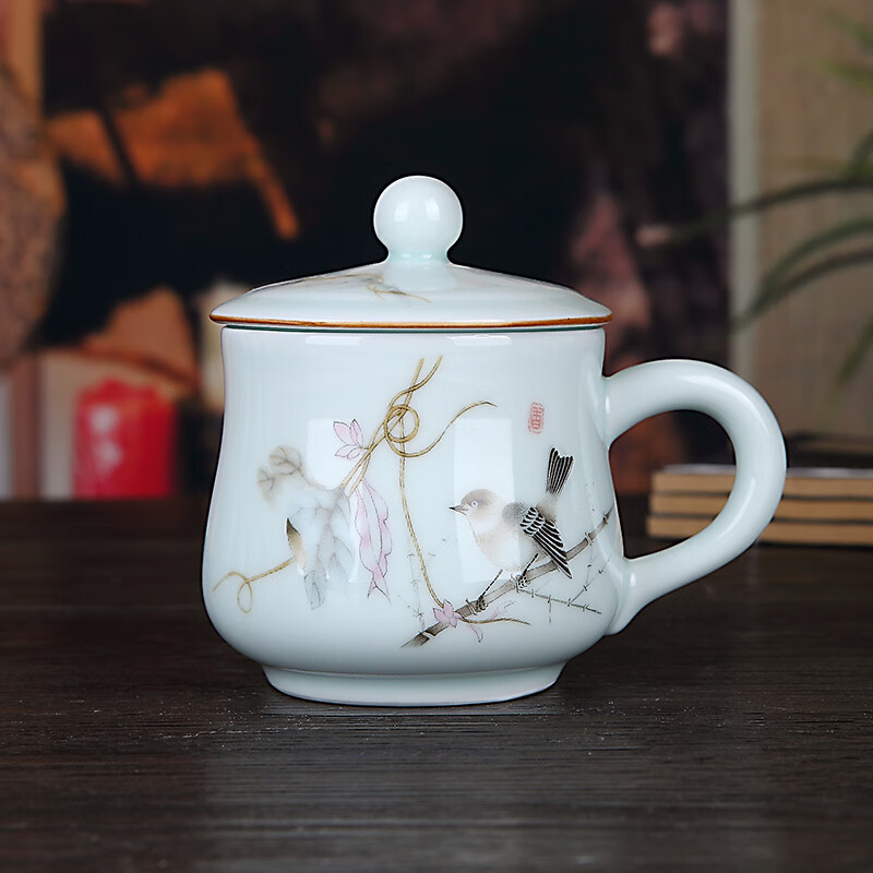 九楼阁 景德镇陶瓷茶杯带盖有手柄青瓷办公水杯350ml 6款各一个 300ml 6只