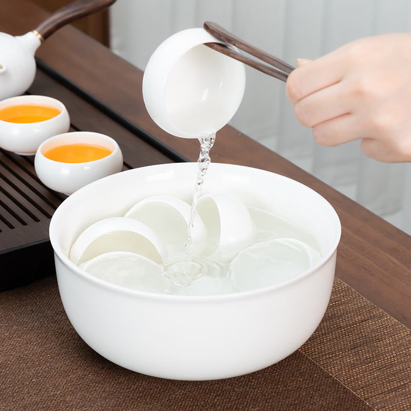白瓷功夫茶具套装家用侧把德化高白玉瓷泡茶壶盖碗茶杯茶洗整套陶瓷描金 15头汉白玉(侧/木)+8罗汉杯