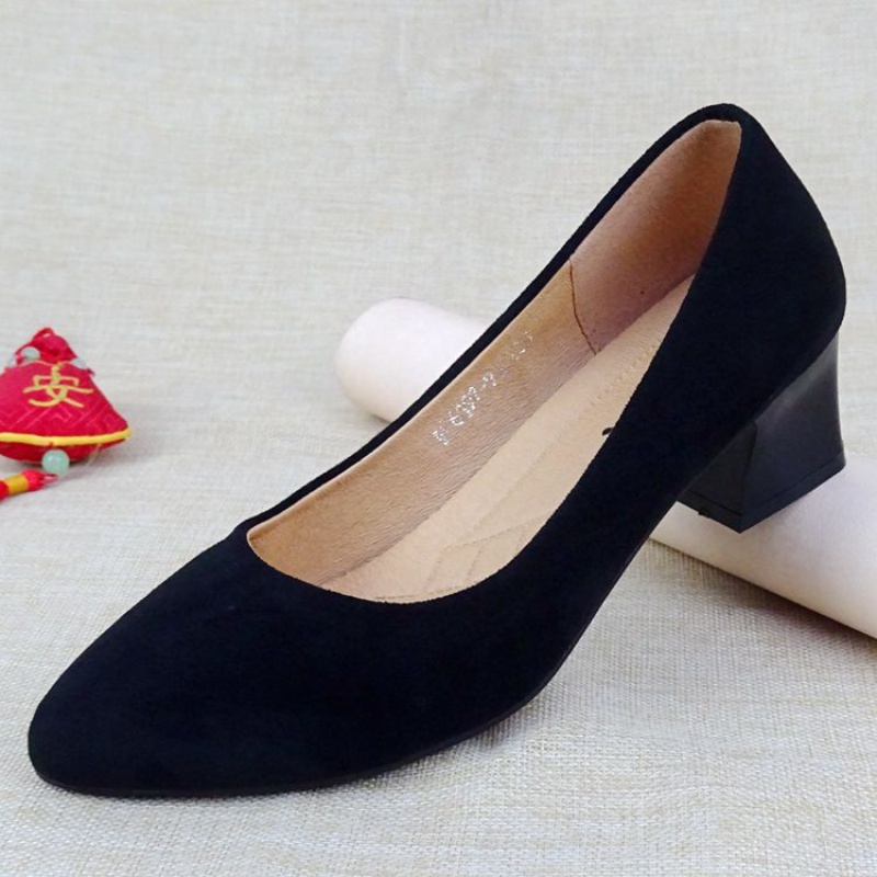 恺吉锐老北京布鞋女高跟新款黑色上班鞋浅口中跟软底职业礼仪工作鞋