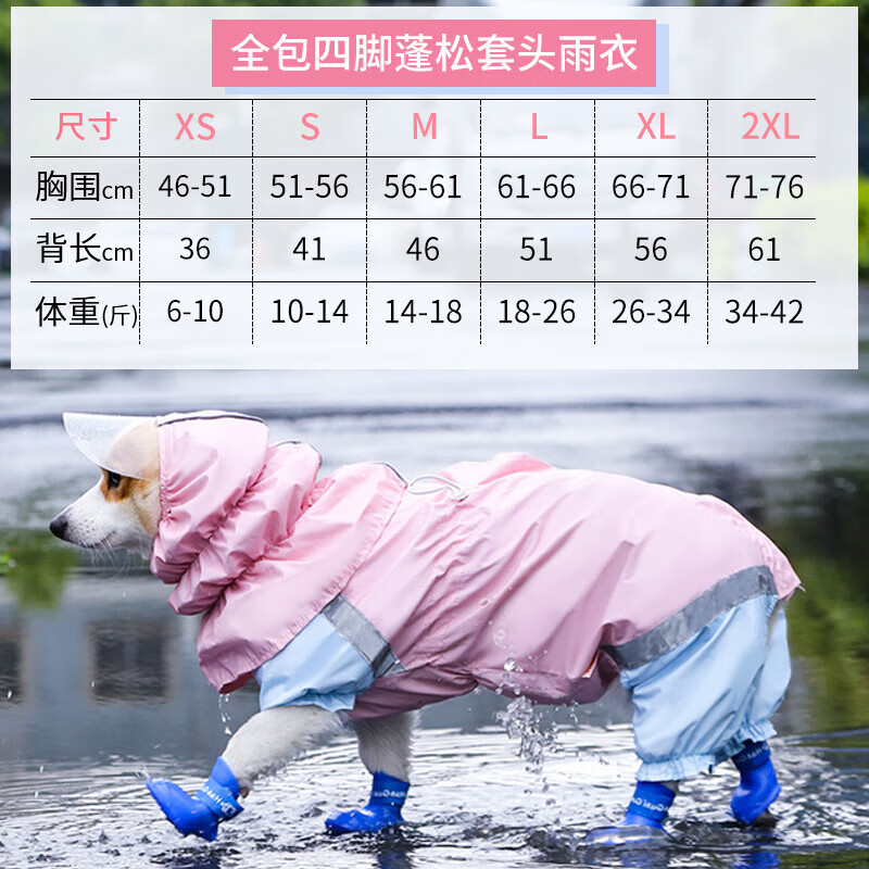 华元宠具（hoopet）柯基雨衣法斗四脚防水雨鞋雨天衣服包护肚子中型小型犬狗狗雨披 马卡龙色柯基包雨衣 XS：背长36(体重6-10斤)